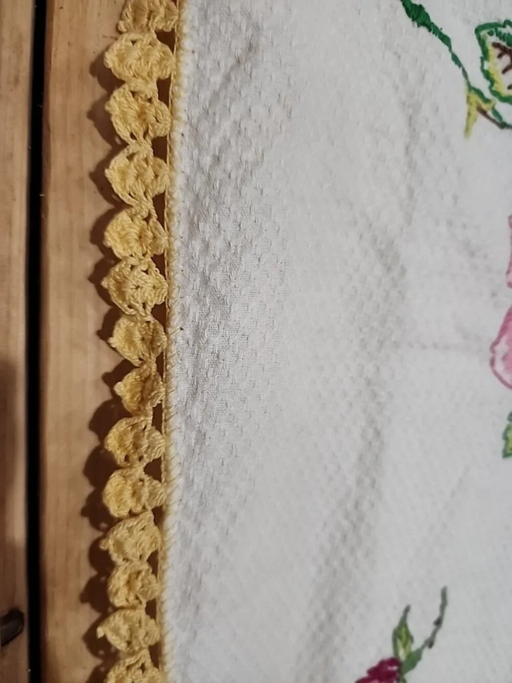 Vintage Hand Embroidered Crocheted Edge Rose Floral Table Runner Dresser Scarf